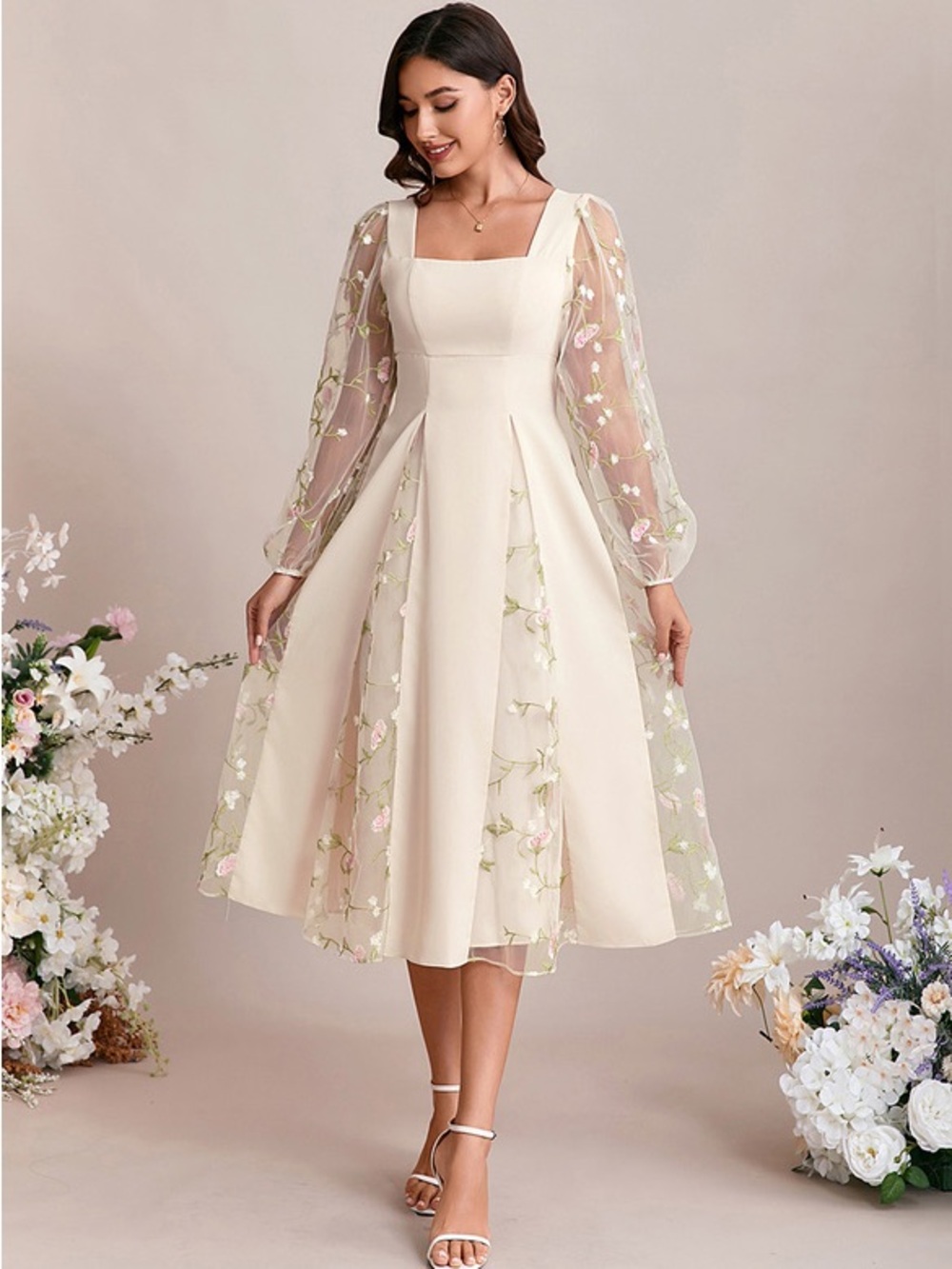 JJs House Cream and Pink Floral Embroidered Tulle Sleeve A-Line Dress